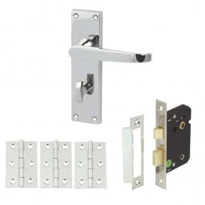 Straight Victorian Bathroom Door Handle Set with Lock and Hinges