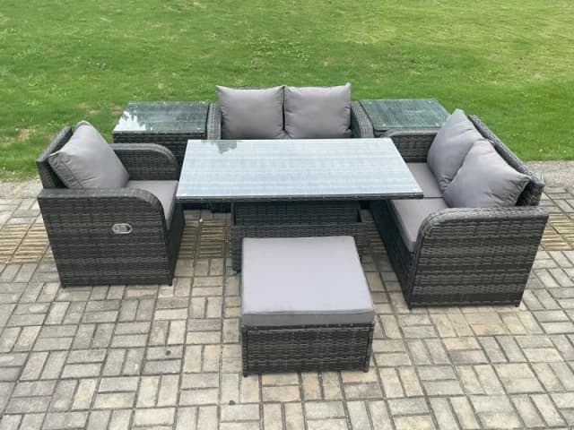 Fimous 6 Seater Rattan Furniture Garden Dining Set Outdoor Height Adjustable Rising lifting Table Love Sofa Chair With Side Table Dark Grey