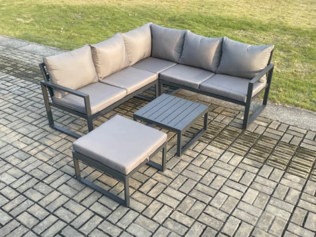 Fimous Outdoor Garden Furniture Set Aluminium Lounge Sofa Square Coffee Table Sets with Big Footstool Set Dark Grey Dark Grey Unisex