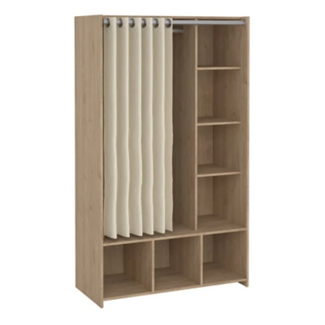 Furniture To Go Uppsala Open Mobile Wardrobe Unit in White with a Grey Textile Curtain Light Oak unisex