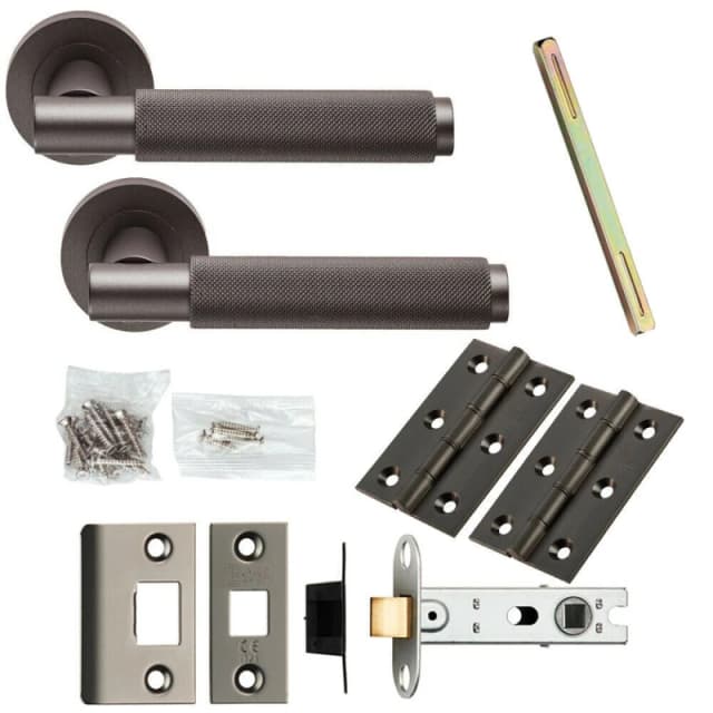Loops Door Handle & Latch Pack Matt Bronze Knurled Round Bar Screwless Round Rose Multi