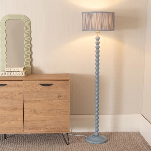 ValueLights Bobbins Powder Blue Floor Lamp with Ruched Pleated Drum Lamp Shade Baby Blue