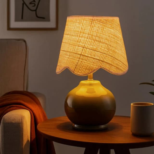 Lighting Collection Green Ceramic Table Lamp With Scallop Cane Shade