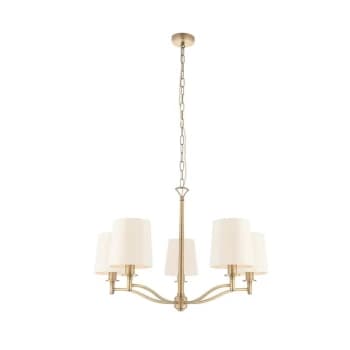 Endon Directory Lighting - Endon Ortona - 5 Light Multi Arm Pendant Matt Antique Brass, Vintage White Faux Silk, E14