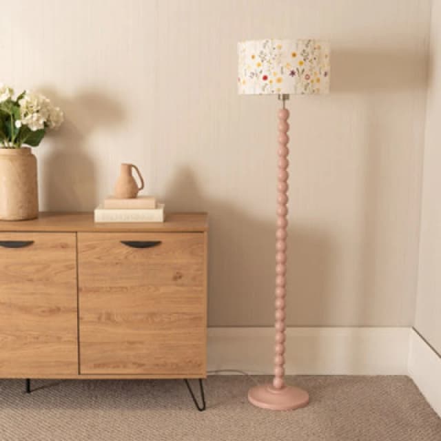 ValueLights Bobbins Painted Rose Floor Lamp with Floral Embroidered Drum Lamp Shade Pale Pink