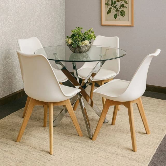 Kosy Koala Round Glass Dining Table With 4 Cream Chairs Dining Table Set, Multi MAYARND+4CRMTUL