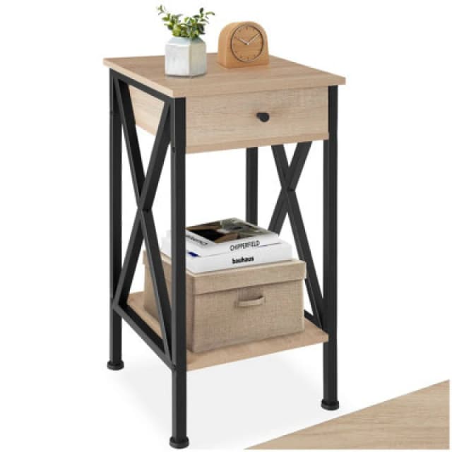 Tectake Bedside Table Dayton - Industrial Style, With 2 Shelves, Drawer, 35 X 35 X 70.5cm - Industrial Wood Light, Oak Sonoma