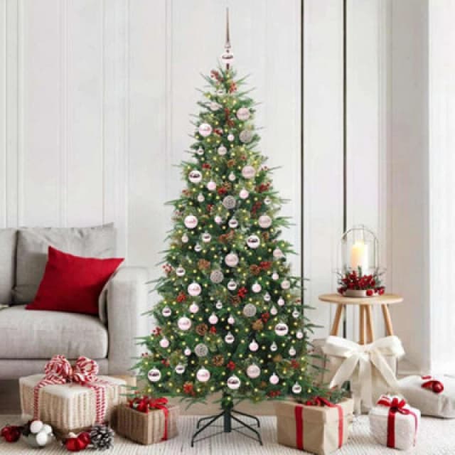 vidaXL Artificial Hinged Christmas Tree with Pink Balls Green 180cm PE and PVC, Green 3397421
