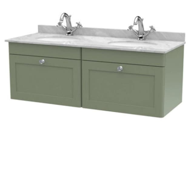 Nuie Classique Wall Hung 2 Drawer Vanity Unit & 1 Tap Hole Grey Marble Top With Oval Basin, Stylish Sink Vanity Unit In Satin