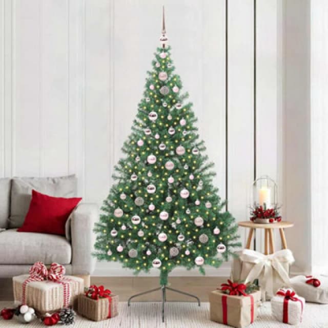 vidaXL Artificial Pre-lit Christmas Tree with Pink Balls Green 210cm PVC, Green 3397026