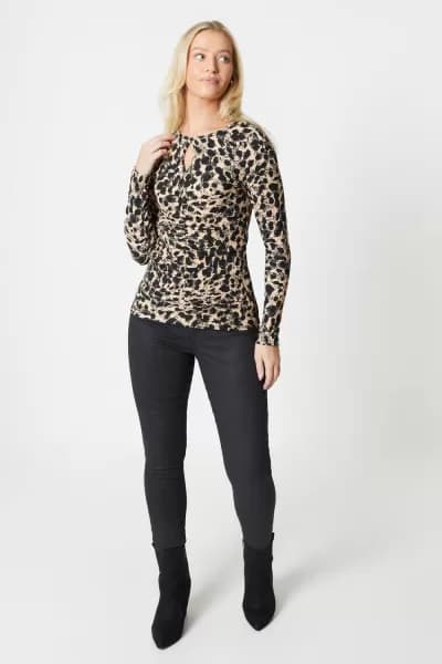 Animal Keyhole Ruched Front Puff Sleeve Jersey Crinkle Top