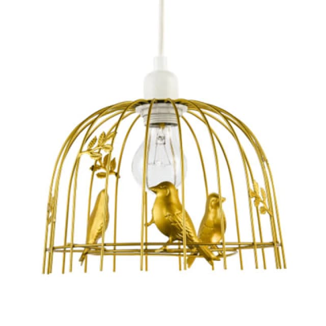 Happy Homewares Chic Birdcage Pendant Shade In Satin Gold Metal With Birds And Leaves