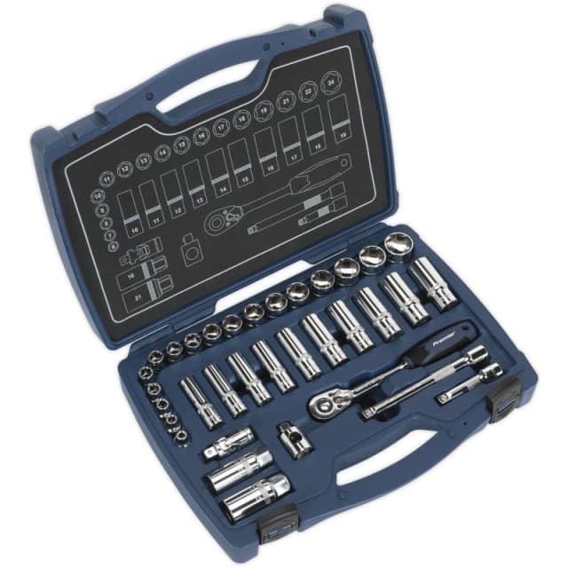 Loops 34pc PREMIUM Deep Socket & Ratchet Handle Set 3/8" Square Drive 6 Point Metric Multi