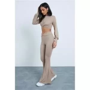 I Saw It First Stone Super Soft Twist Detail Crop Top And Matching Flare Set - Brown