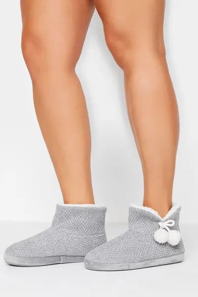 Yours Wide Fit Fluffy Chevron Slipper Boots Grey
