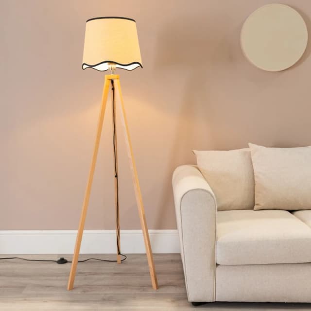 ValueLights Barbro Light Wood Tripod Floor Lamp with Linen Scallop Edge Shade and LED Bulb Black