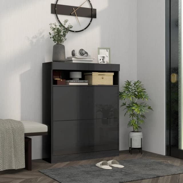 HOMCOM Wall Mounted or Freestanding Shoe Cabinet with 2 Flip Drawers - White - High Gloss Black TJ Hughes 5056725538842