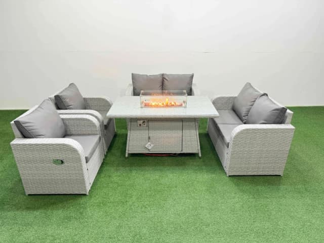 Fimous 6 Seater Outdoor Reclining Chair Love Sofa Set Rattan Garden Furniture Set with Firepit Dining Table Light Grey Light Grey