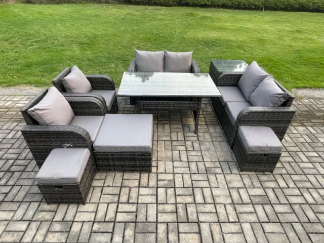 Fimous Outdoor Rattan Garden Furniture 9 piece Grey Patio Furniture Set 9 Seater Lounge Sofa Set with Rectangular Table in Dark Grey Dark Grey Unisex
