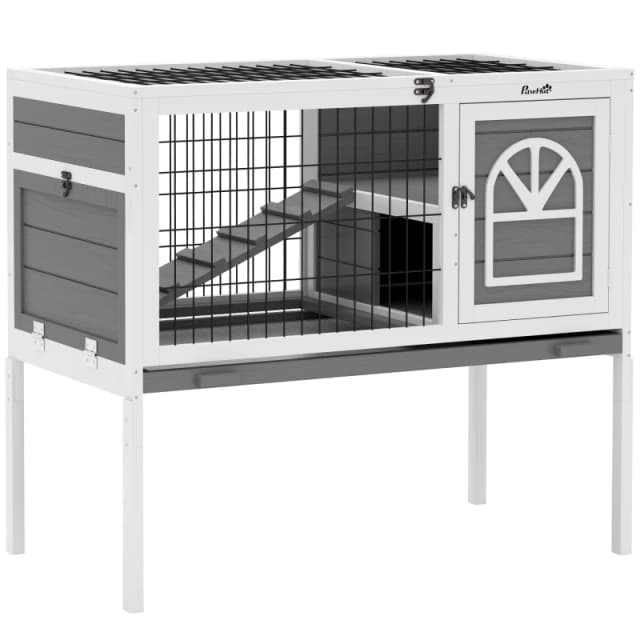 PawHut PawHut Wooden Rabbit Hutch, Small Animal House w/ Removable Tray, Openable Roof - Grey