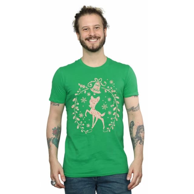 Disney Men Bambi Christmas Wreath T-Shirt in Green Size: Small Green S Male 5057245990905