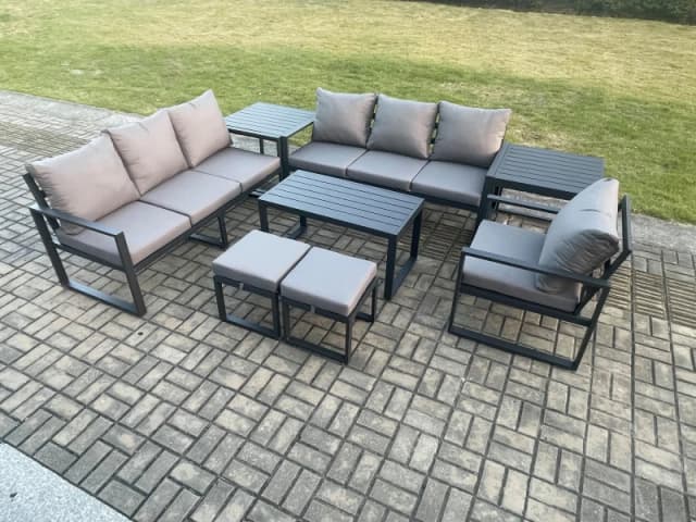 Fimous Aluminium 9 Seater Garden Furniture Outdoor Patio Sofa Set with Rectangular Coffee Table Armchair 2 Small Footstool 2 Side Tables in Dark Grey