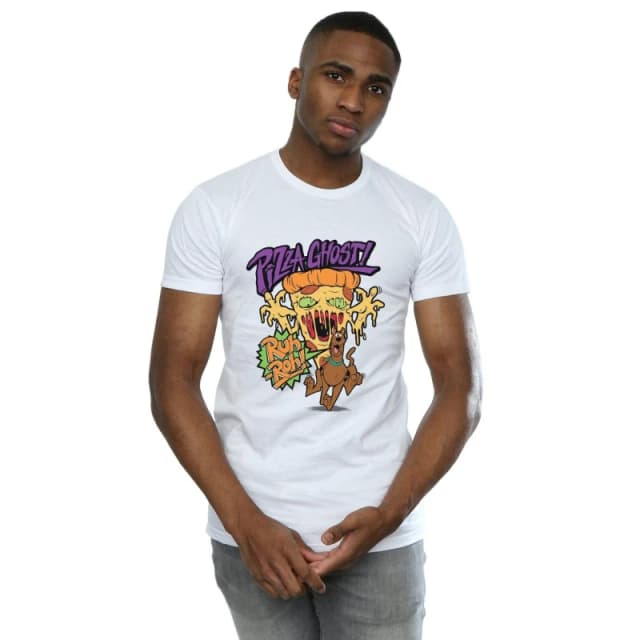 Scooby Doo Scooby Doo Men Pizza Ghost Cotton T-Shirt in White Size: Small White S Male 5063377542141