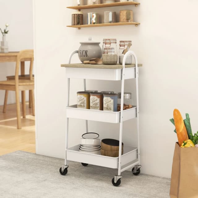 HOMCOM HOMCOM 3-Tier Storage Trolley on Wheels with Cover Top Board Mesh Baskets in Light Oak Light Oak One Size Unisex 5063603664739