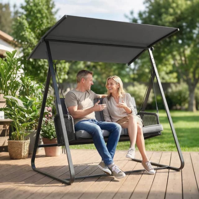 OUTSUNNY 2-Seater Rattan Swing Chair, Outdoor Garden Hanging Swing Seat in Dark Grey Dark Grey Unisex