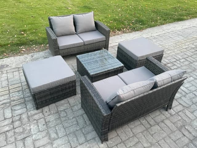 Fimous Rattan Garden Furniture Set 5 piece Patio Rattan Furniture Sofa Weaving Wicker includes 2 Double Seat Sofa, Coffee Table & 2 Big Footstool Dark