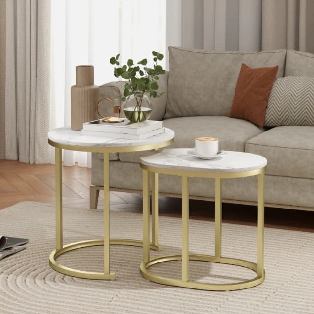 HOMCOM 2 Pcs Coffee Table with Faux Marble Side Accent Tables White 839-374V80GD