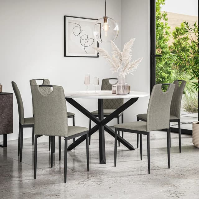 More4Homes Malvern Round Dining Table & Chairs - Marble Table Top w Solid Oak Black Legs + Monza Fabric Dining Chair Set Of 6 in Grey Grey Unisex