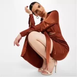 Missguided Cut Out Satin Shirt Maxi Dress - Brown