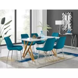 Furniture Box Taranto White High Gloss Dining Table and 6 Blue Pesaro Silver Leg Chairs
