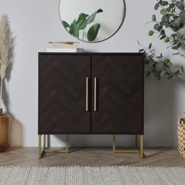 Spinningfield Clarence Chevron Parquet Design 2 Door Dark Wood Sideboard Unit Dark Brown