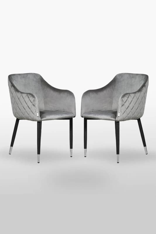 Life Interiors Life Interiors Set of 2 Verona Velvet Dining Chairs with Quilted Back & Black Legs - Modern Accent Chair with Silver Foot Caps in Grey