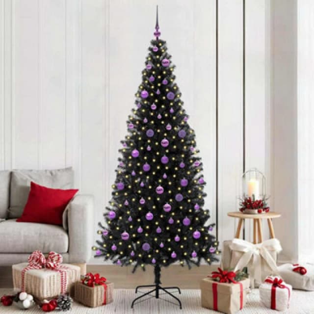 vidaXL Christmas Tree with 300 LEDs, Lilac Balls with Stand Black 210cm PVC, Black 3396493