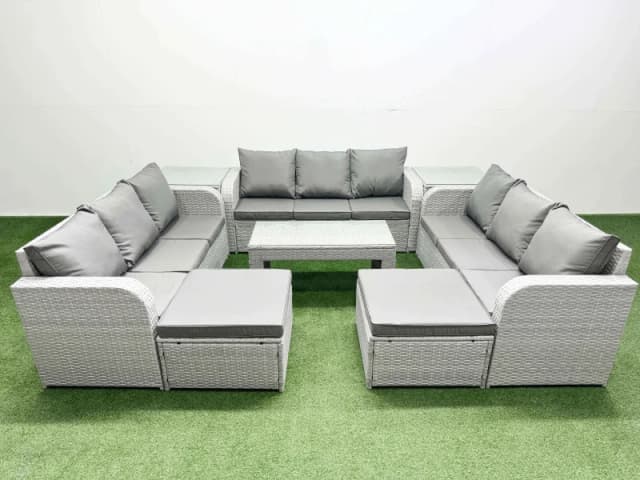 Fimous PE Rattan Lounge Sofa Set 11 Seater Outdoor Garden Furniture Set with Oblong Coffee Table 3 Seater Sofa 2 Big Footstools 2 Side Table Light Gre