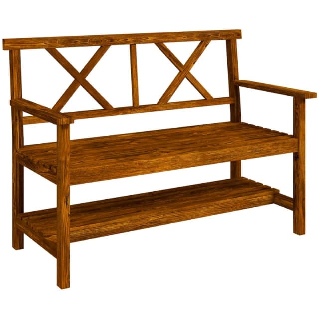 Outsunny 2-Seater Garden Bench Wooden Outdoor Bench with Storage Shelf Carbonized 84G-429V00TN