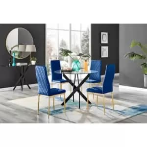 Furniture Box Novara Black Leg Round Glass Dining Table and 4 Navy Velvet Milan Gold Leg Chairs