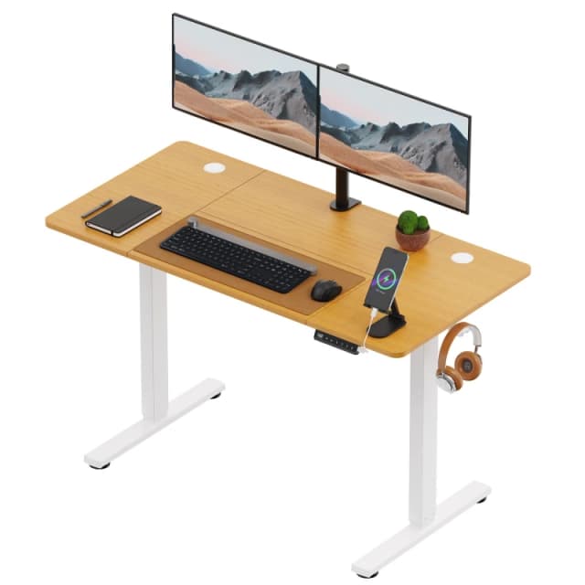 VonHaus Large Adjustable Maple Electric Standing Desk with USB C Charging Light Brown