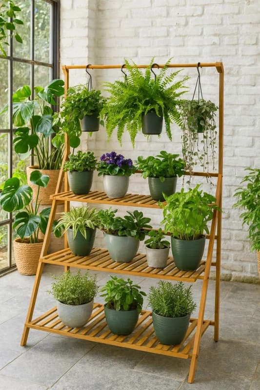 Neo 3-Tier Indoor & Outdoor Foldable Bamboo Plant Stand with Hanging Hook in Light Oak Light Oak Unisex