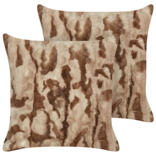 Beliani Set Of 2 Decorative Cushions Bakira Faux Fur 45 X 45cm Brown Abstract Pattern