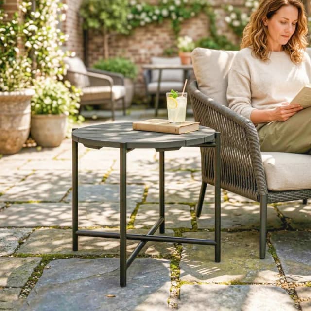 OUTSUNNY 54cm Round Garden Table, Slatted Wood Top Outdoor Table, Dark Grey Dark Grey Unisex