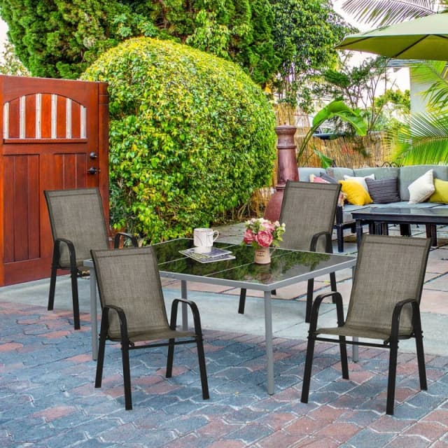 Outsunny Outsunny Set of 4 Garden Dining Chair Set Outdoor w/ High Back Armrest Brown 5056725388218