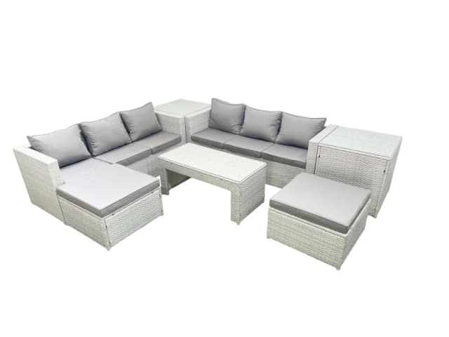 Fimous 8 Seater Garden Outdoor Rattan Furniture Set Rattan Garden Sofa Oblong Coffee Table with 2 Big Footstools 2 Side Tables Light Grey Mixed Light