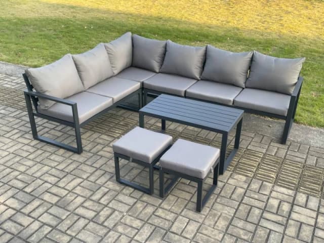 Fimous Aluminium Garden Furniture Set Outdoor Indoor Lounge Corner Sofa Oblong Coffee Table Sets with 2 Small Footstools Dark Grey Dark Grey Unisex