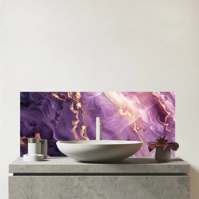 Warren Reed - Designer Purple & Gold Marble Effect Glass Bathroom Splashback in Blue Blue Unisex
