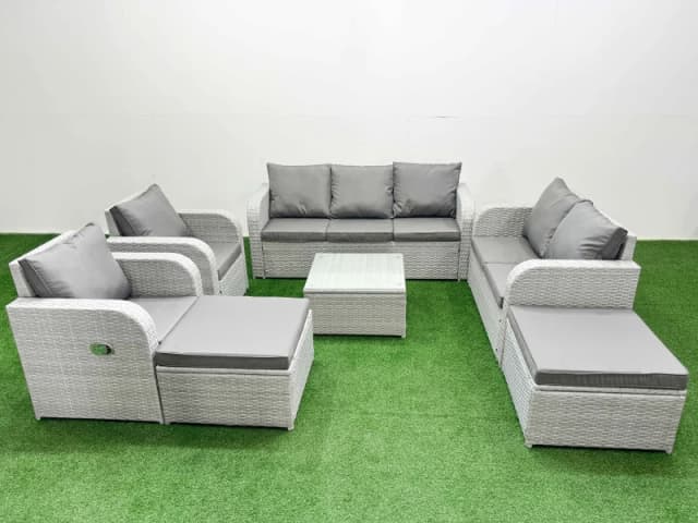 Fimous PE Rattan Garden Furniture Set Adjustable Chair Sofa Double Love Seat 2 Seater Sofa Lounge Set Square Coffee Table 2 Big Footstool Light Grey L