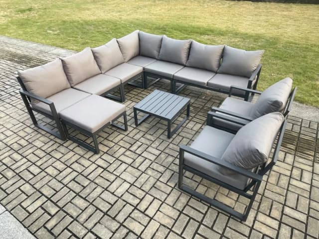Fimous Outdoor Garden Furniture Patio Lounge Corner Sofa Aluminium Set with Square Coffee Table Big Footstool 2 Chair Dark Grey Dark Grey Unisex
